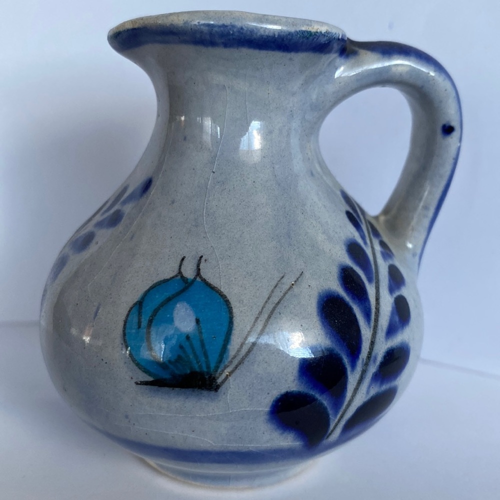 Handcrafted Tonala Pottery Pitcher from Mexico Butterfly and Plants Blue on Blue